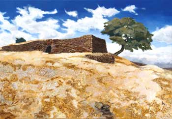 Ruins on a hill with a cork oak