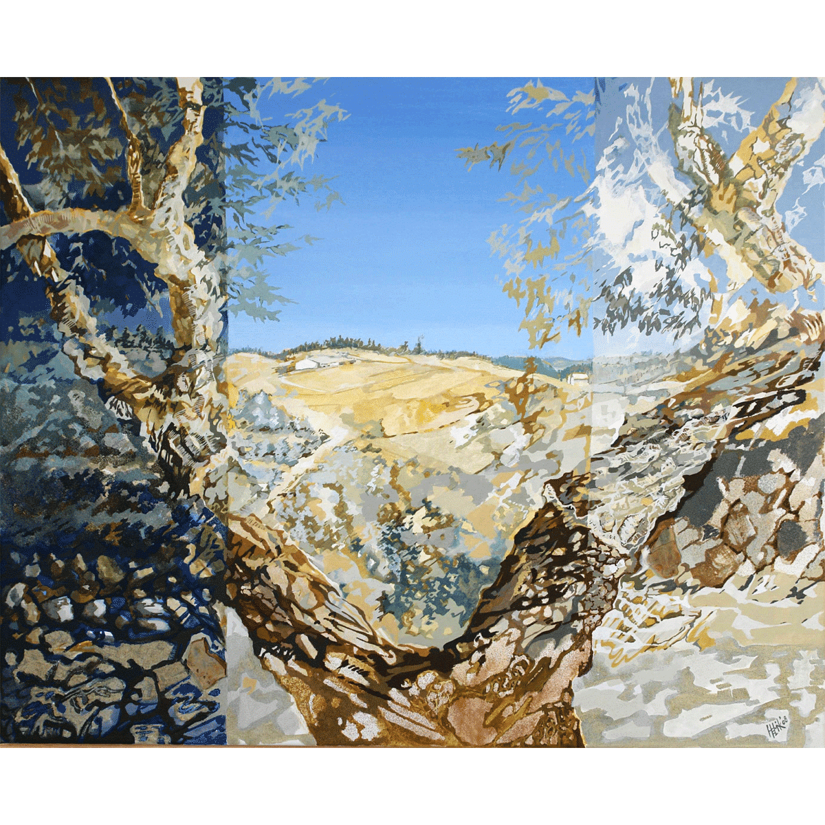 The corkoak in harmony of the colours of the Alentejan landscape. the three parts from dark to bright reflect the atmosphere of the landscape.