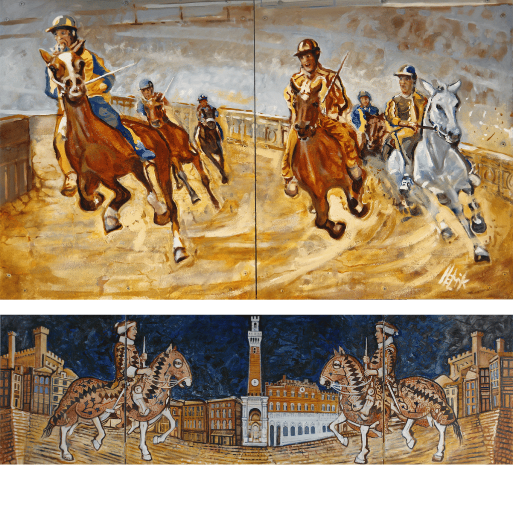 The Piazza del Campo in Siena as the arena for the trial of strength between the Condotieri of the Contradas. The backside of this triptych shows the actual horserace, the Palio.