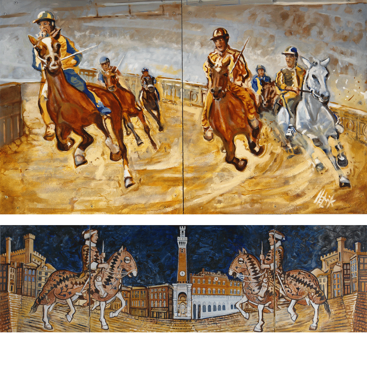 The Piazza del Campo in Siena as the arena for the trial of strength between the Condotieri of the Contradas. The backside of this triptych shows the actual horserace, the Palio.