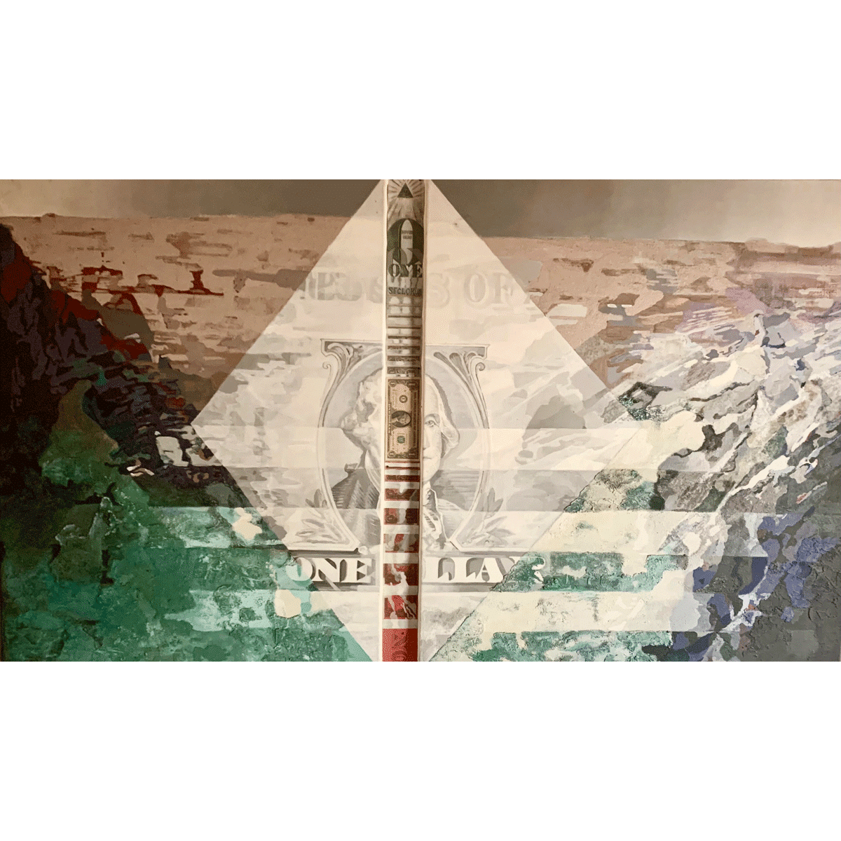 George Washington, the first President of the U.S. depicted on the left and right part of the painting and seperated by dollars with his portrait behind plexiglass. The threat of Capitalism on the Nature symbolises by the geometric surfaces.