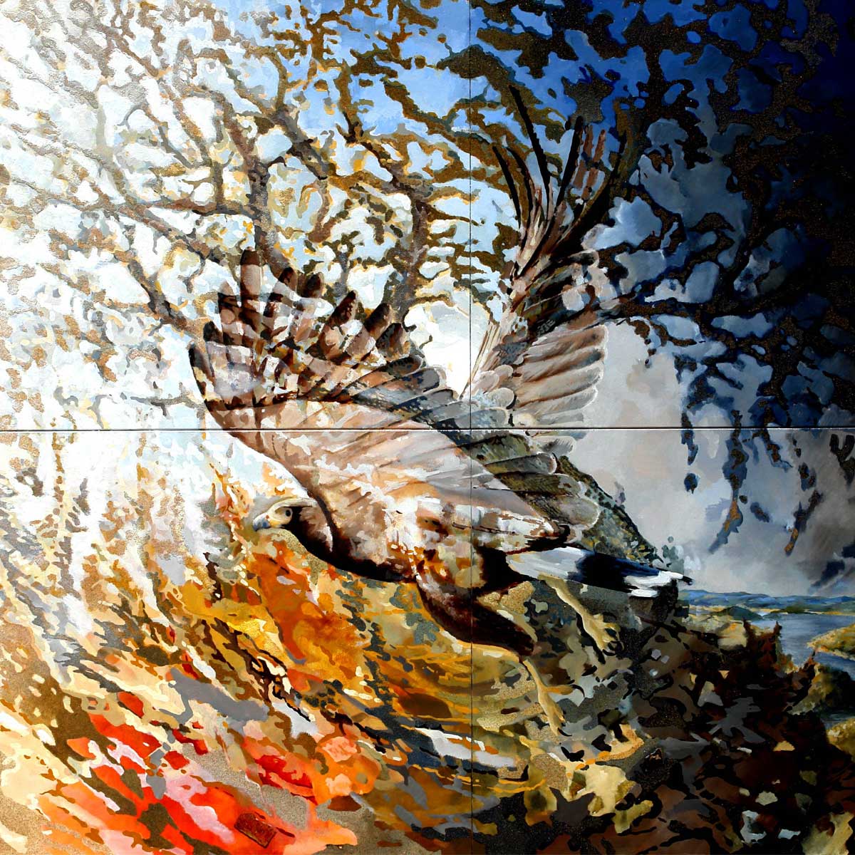 The Eagle in flight to the light with the colors of the tree and the landscape of the Alentejo