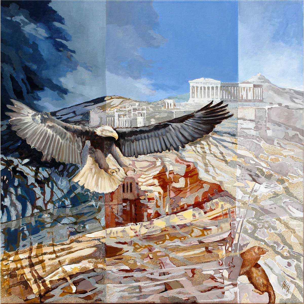 Daybreak at Stonehenge Dynamic an Static contrast and come together as an eagle attacks the marten on the border of the Acropolis.