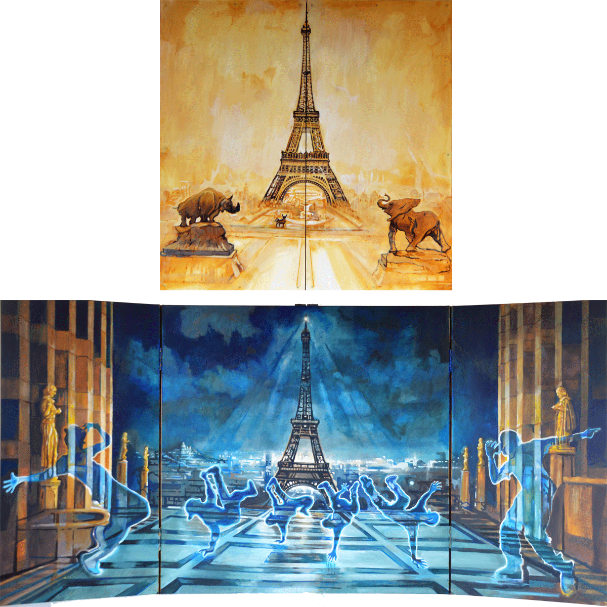 The square of the Palais de Chaillot in Paris as the place for doing the Breakdance. The backside of the triptych (closed ) shows the Eiffeltower in 1889 built for the WorldExpo.