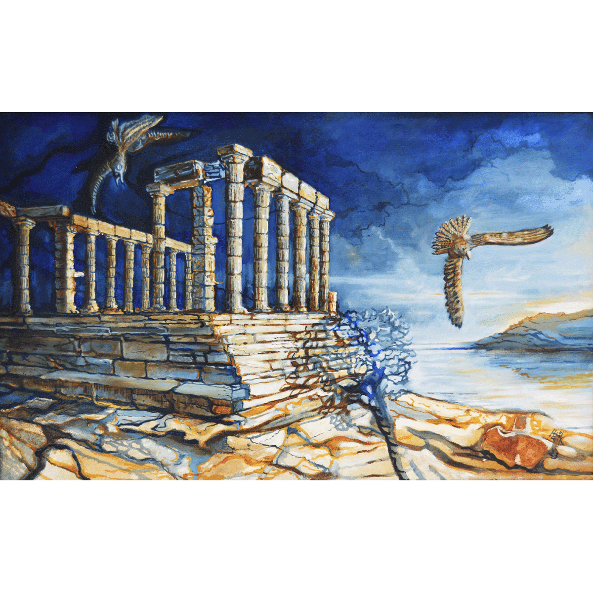 The ruins of a Greek temple on a rocky hill, with the sea in the background. Two birds of prey are circling above the ruins.