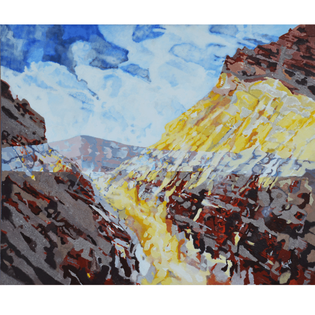 The lowest point of the U.S. called Death Valley in expressive colours structured by sand of that location. The perspective and transparence are an essential part of the expression.