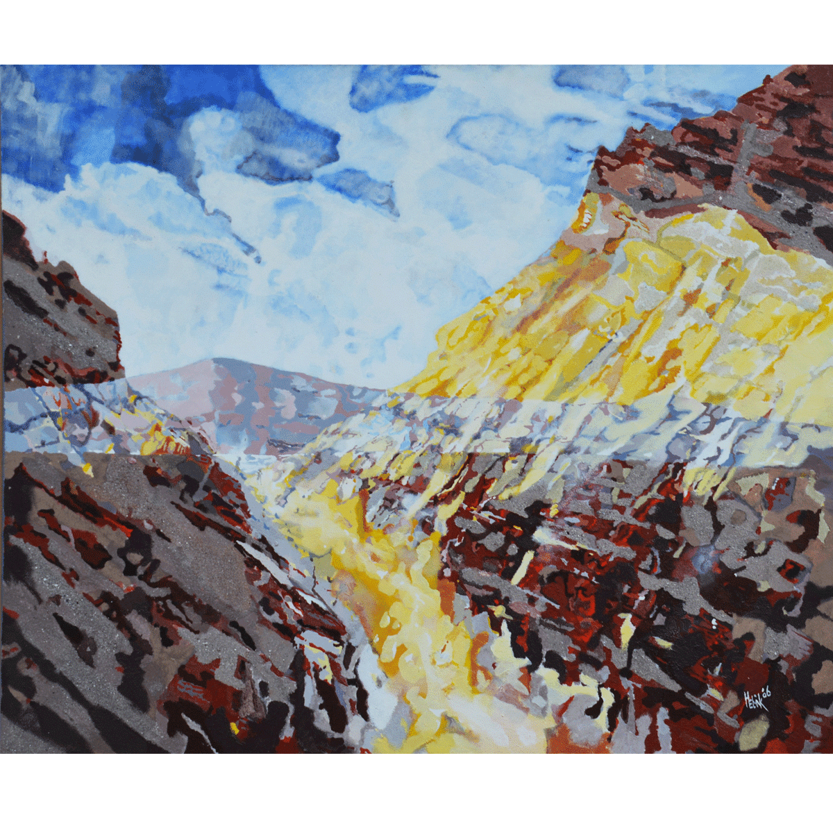 The lowest point of the U.S. called Death Valley in expressive colours structured by sand of that location. The perspective and transparence are an essential part of the expression.