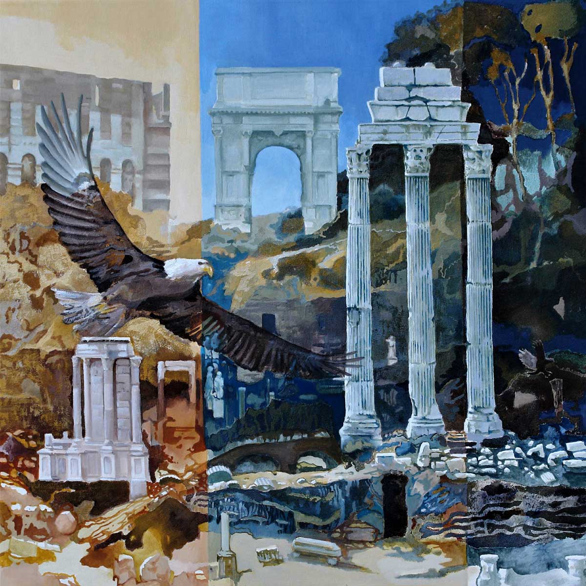 The landing of the Eagle on the Forum Romanum in Rome depicts the contrast between static and dynamic, History and Presence.