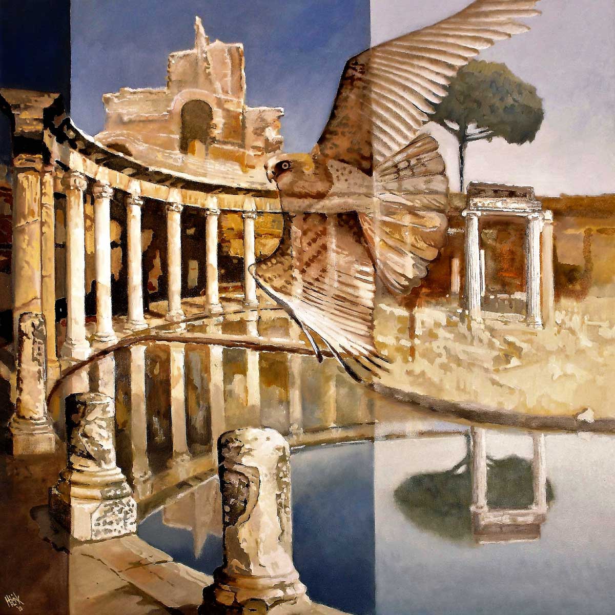 The dynamic flight of the falcon in the static Parc Tivoli in Rome depicts the contrast between Prsence and History.