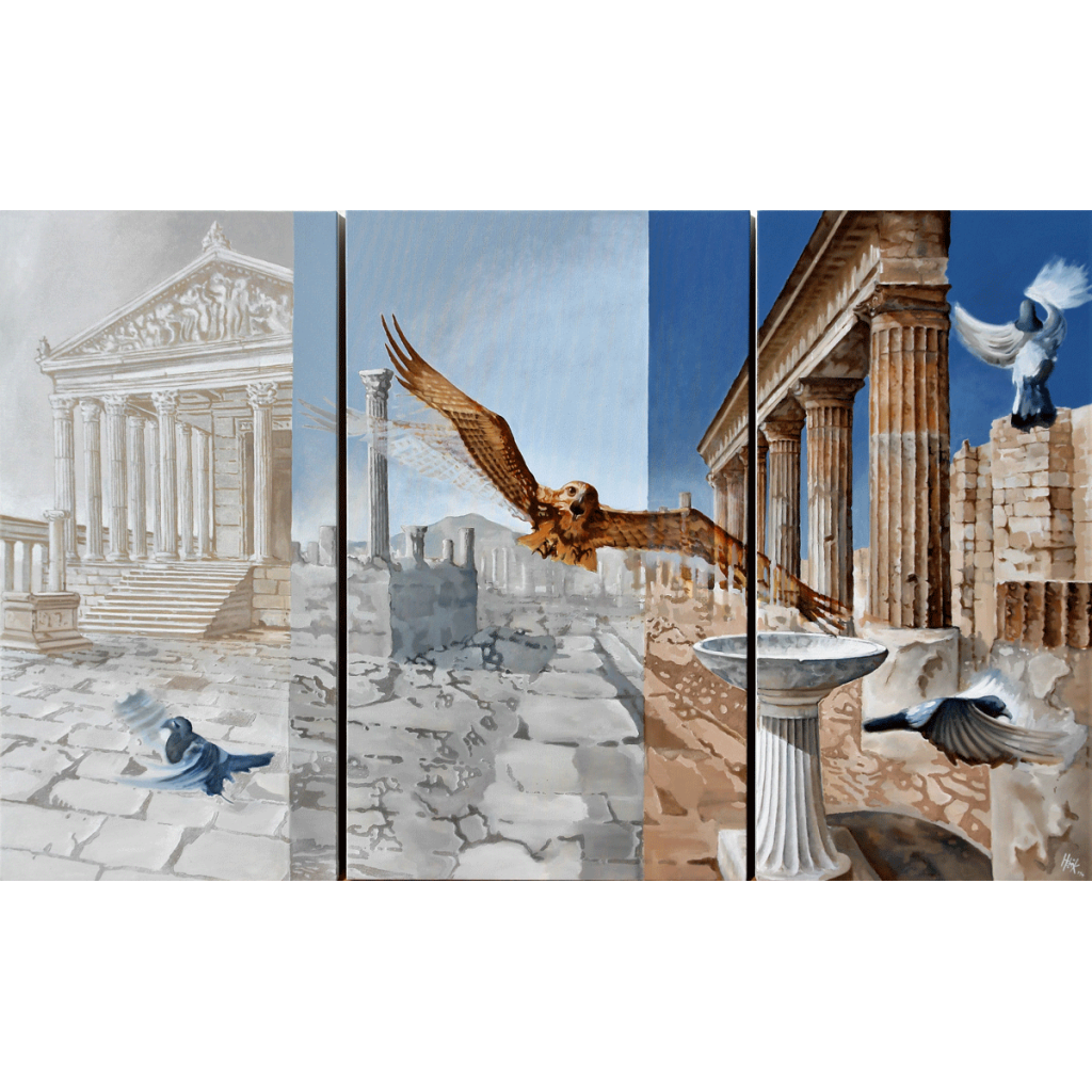 Hawk alight on Pompeii The ruins of Pompeii as a static scene of the dynamic and speedy hawk trying to catch pigeons.