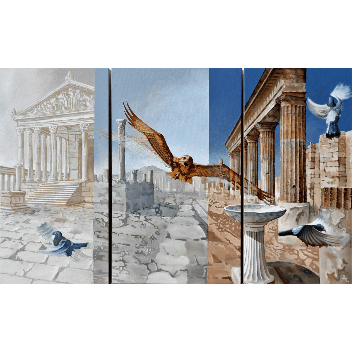 The ruins of Pompeii as a static scene of the dynamic and speedy hawk trying to catch pigeons.