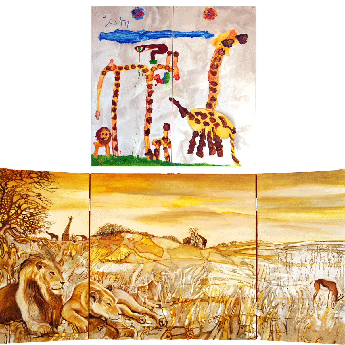The Kalaharidesert in Namibia is the natural daily life territory of wild animals as giraffes, lions and gazelles. The backside is a painting by Sam and Emma.