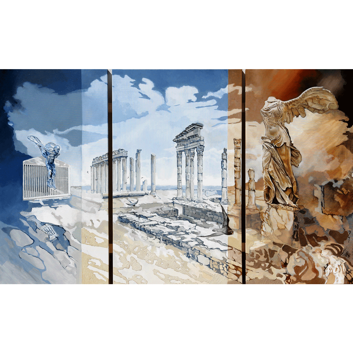 Nike - Goddess of the Victory - on the left panel the Rolls Royce hood ornament in Ecstacy to be inspired by the antic Nike of Samothrace on the right.
