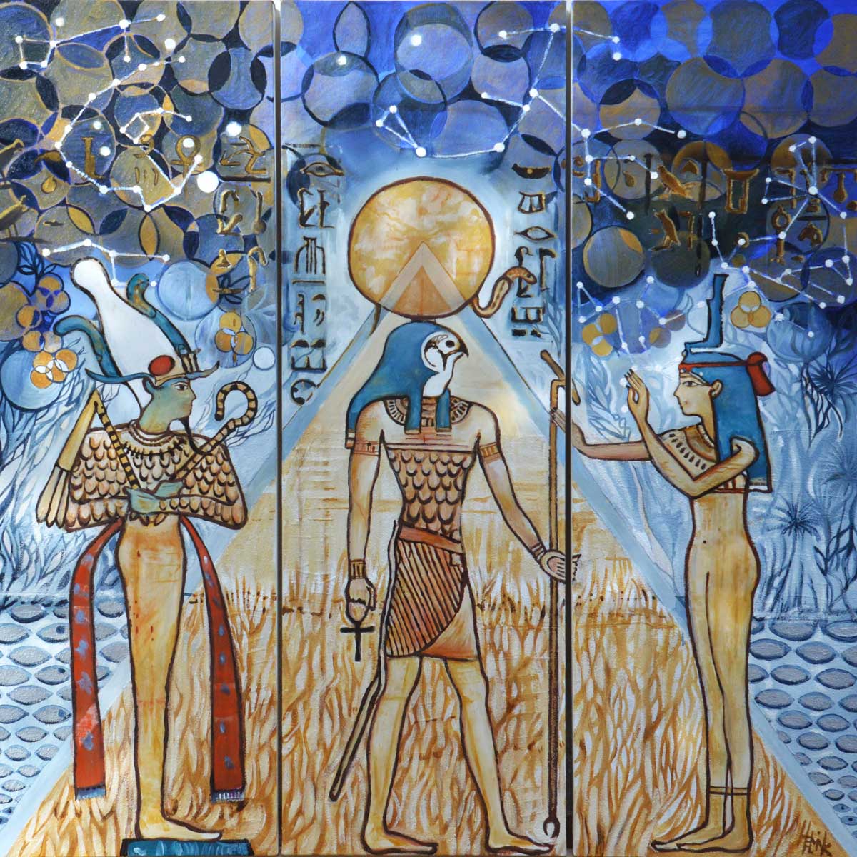 The Three Gods in front of a pyramidconstruction between the landscapesymbols under theconstellation of the stars of the Zodiac.