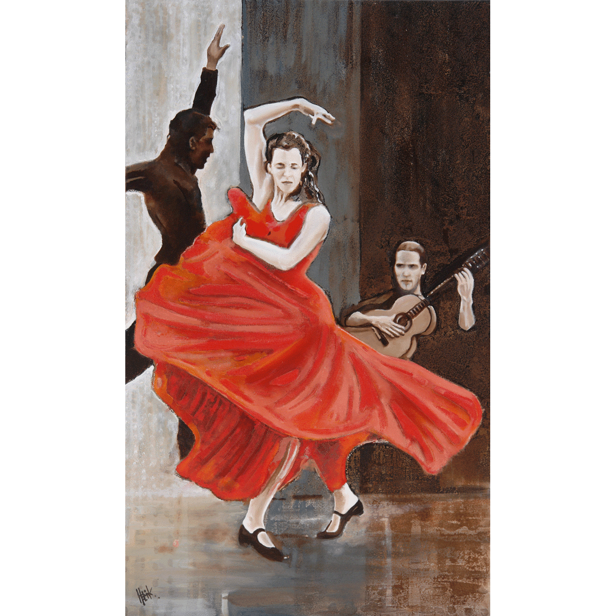 The Performance of the Flamenco in a colourfull and elegant move on the strong rythm of the Spanish guitar.