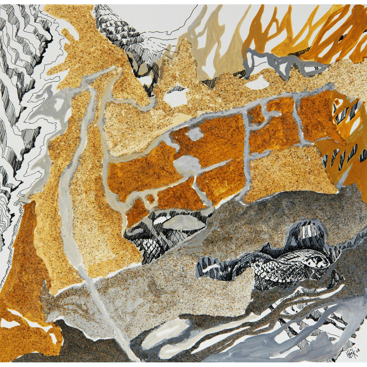 A snake evokes in de surface of sandstructure in earthcolours contrasted ith the black drawings in Chinese ink.