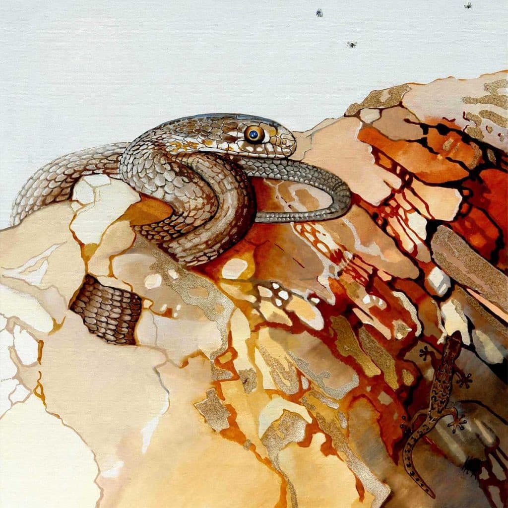 The three flies at the right side above as a diversion of the tension between the snake and the lizard, depicted in the colours of the Alentejo.