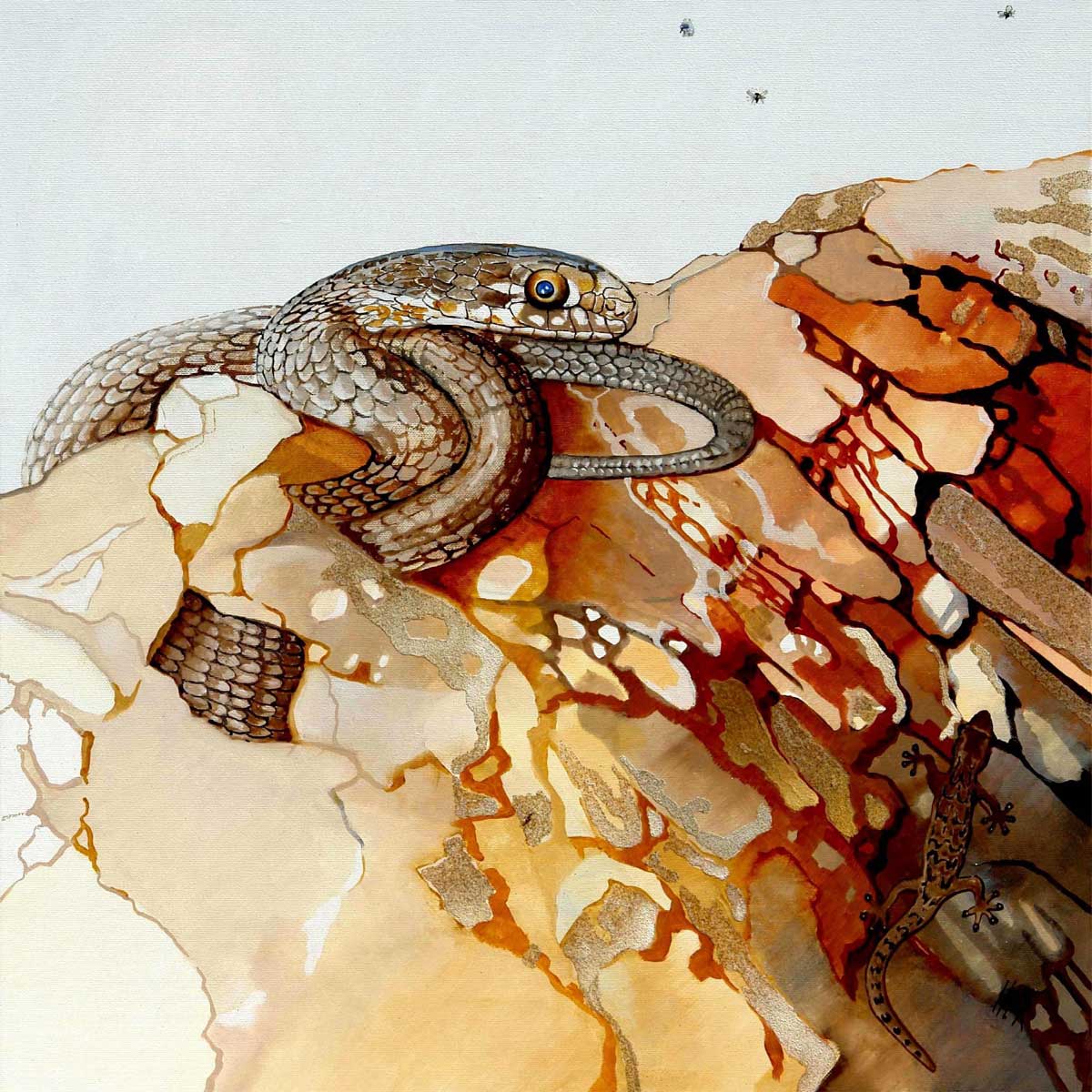 The three flies at the right side above as a diversion of the tension between the snake and the lizard, depicted in the colours of the Alentejo.