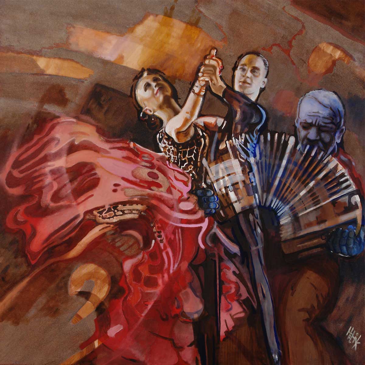 The passion of the Tango in warm colours with the strong moves and rythm of the accordeon