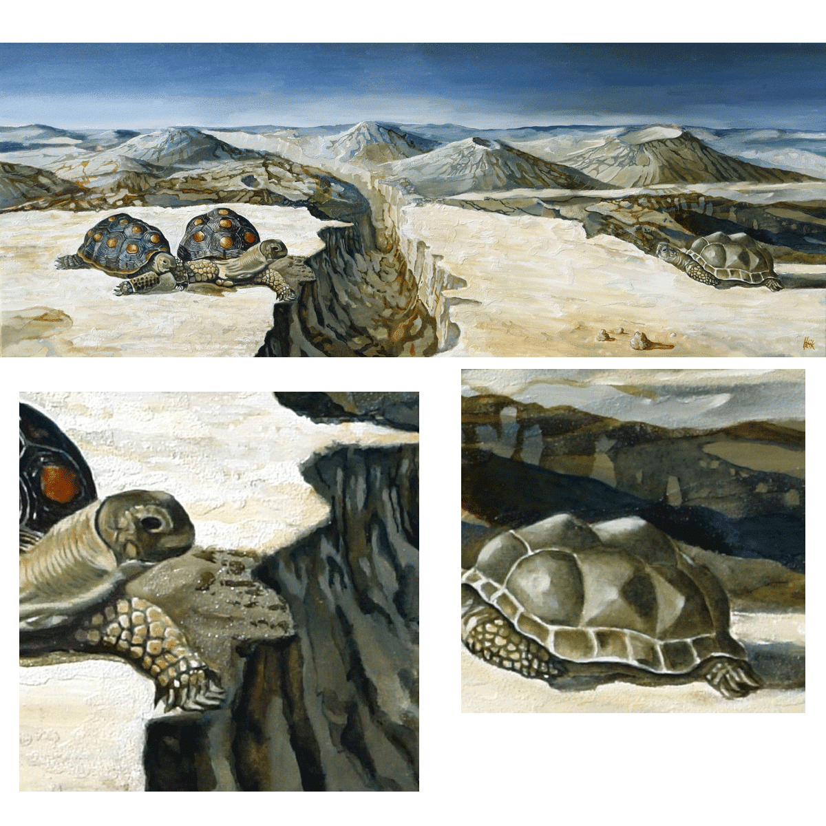 Inspired by a painting of the Dutch painter Carel Willink, the chasm in the virtual archaic landscape is symbolic for the millions of years between the left and right part of this painting.