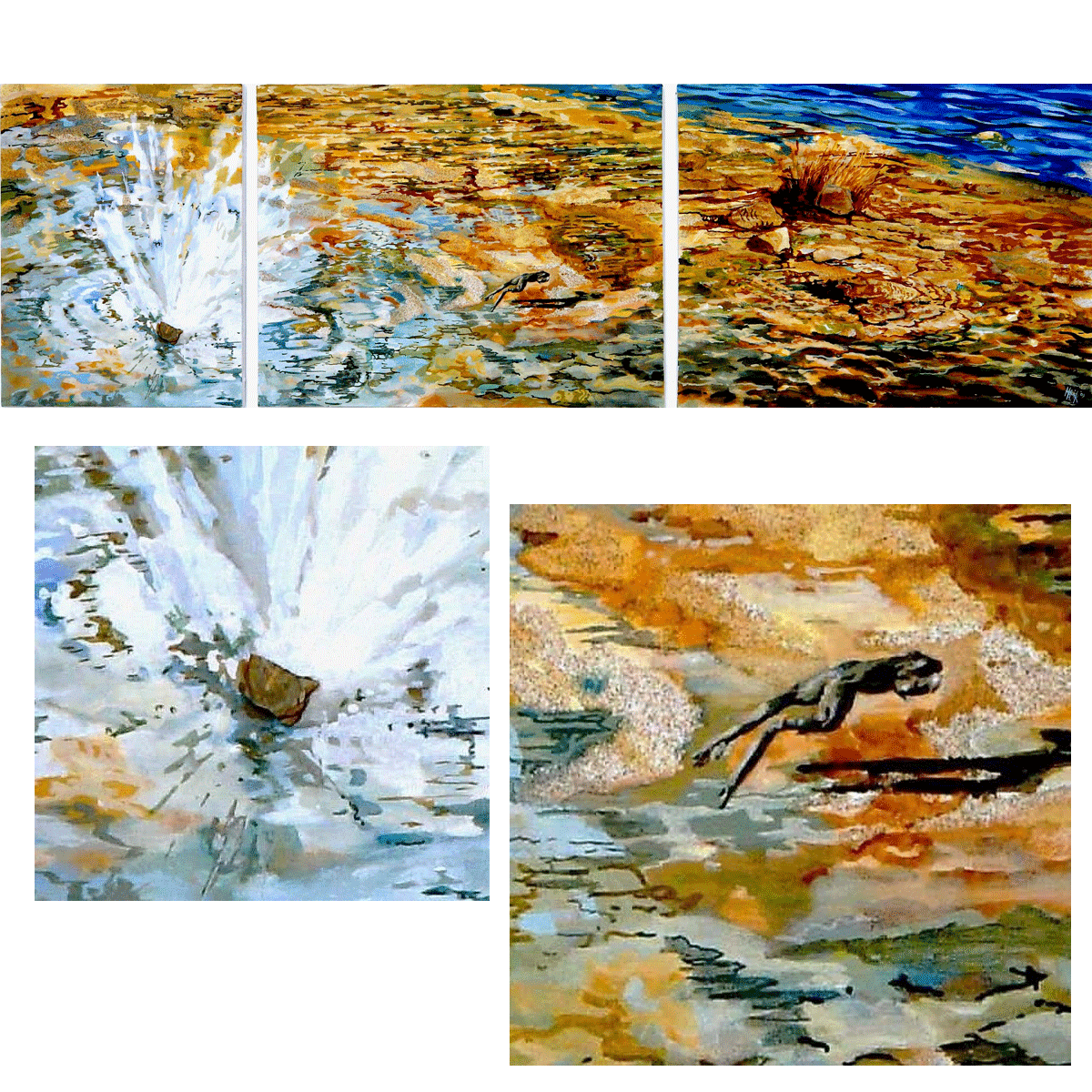 The border between land and water is the place for splashing water by throwing a stone ... the frog seeks a safer place ...