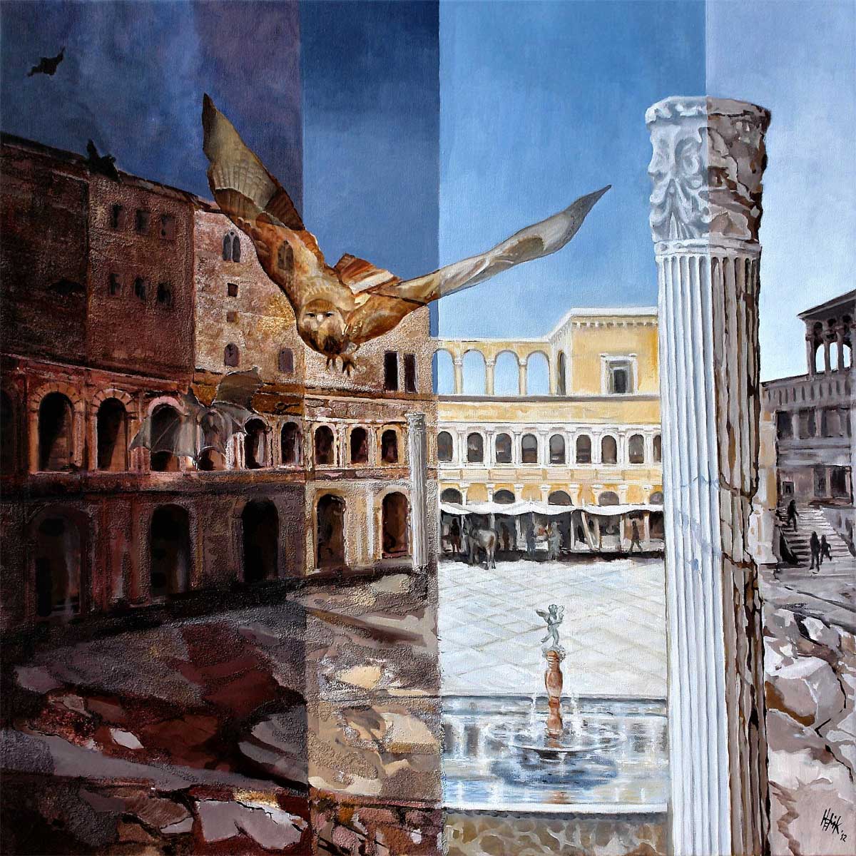 The flight of the owl in the Forum Trajanum in Rome is the contrast between static and dynamic, History and Presence.