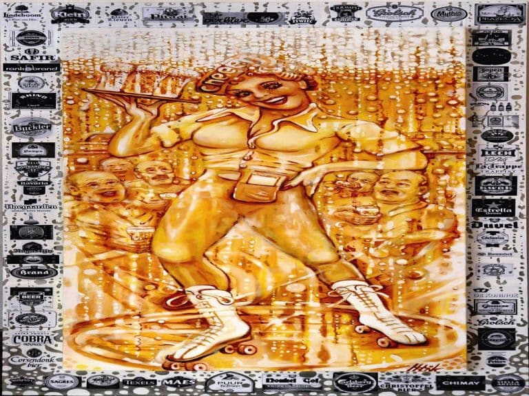 "Music is the Best" - Café Ingles Silves 7. TITTIES AND BEERS oil and collage on canvas 139 x 79 cm